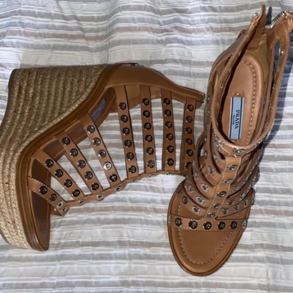 Prada tan Gladiator Leather Espadrilles Sandals